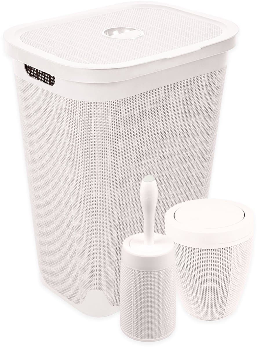 Set 'Hessian' - Wasmand 60 liter - Toiletborstel doseersysteem - Prullenbak swingdeksel - Crème — afbeelding 1