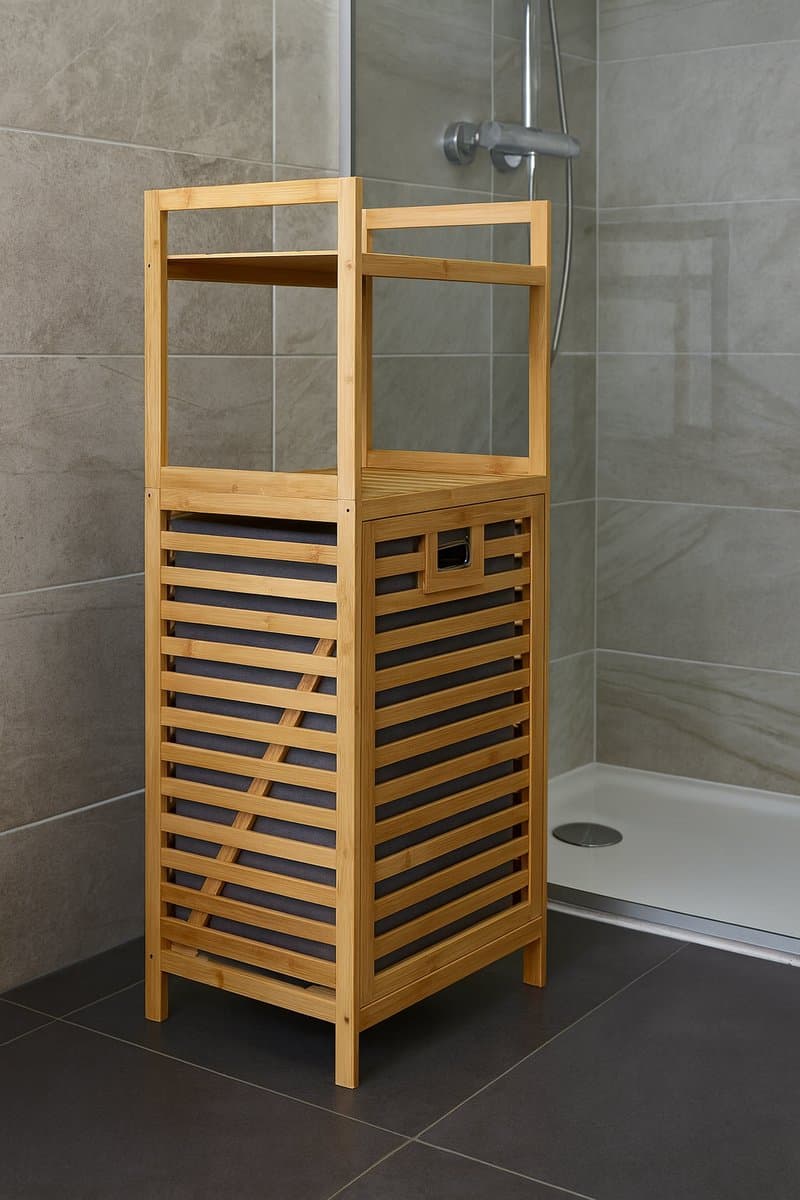 Fameilleur- luxe Bamboe Wasmand-met Kantelfunctie- 25 Liter – 95 cm Hoog – Ruimtebesparende Wasmand voor Badkamer – Met Opbergplateau - Stevig Bamboe – Lichtbruin houten bamboo-wasmand - - bamboe- was mand- groot- douche- kleding mand- kledingmand- — afbeelding 1
