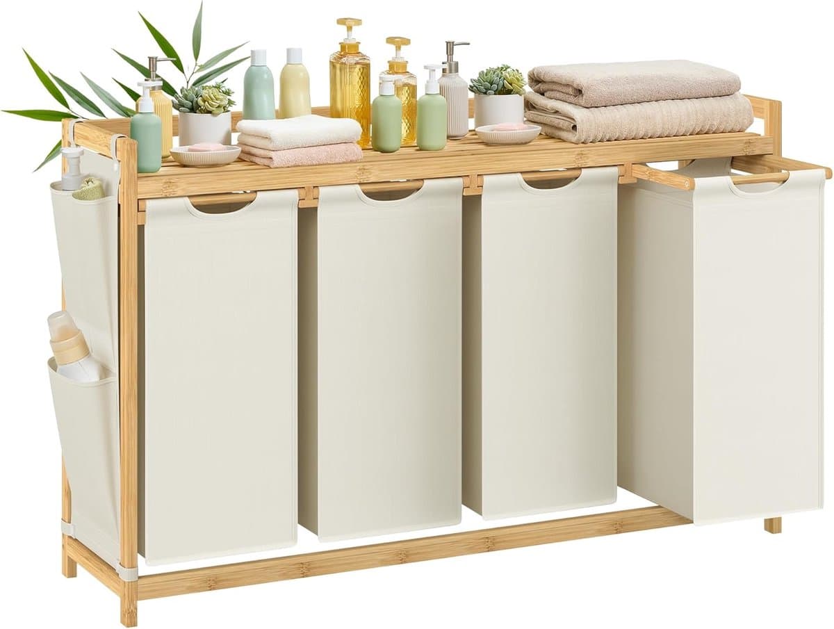 Furnstar wasmand - 4 vakken - Bamboe - Wasverzamelaar 200 l - Wassorteerder met plank -Waszak - Kleine zijzakken -4 x 50 l 1246 x 33 x 78 cm - Cremewit — afbeelding 1