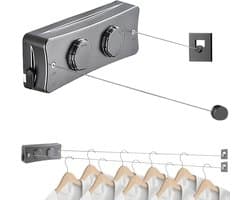 Uittrekbare waslijn, 2 x 5,1 m roestvrijstalen touwen, uittrekbare waslijn aan de muur, waslijn, uittrekbare muur voor balkon, wasruimte, hotel, badkamer, slaapkamer (twee lijnen grijs)