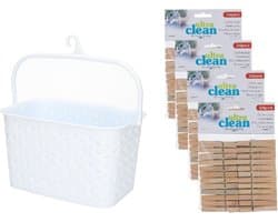 Wasknijpersmandje met ophanghaak - wit - en 96x houten wasknijpers 7 cm - was ophangen — afbeelding 1