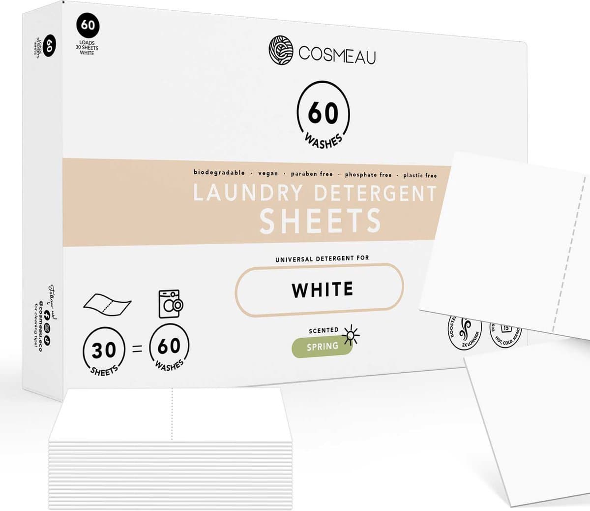 Cosmeau Witte Was Wasmiddel Wasstrips 60 Wasbeurten Wasvellen Wasdoekjes Detergent Sheets Wasdoekjes - Biologisch Afbreekbaar — afbeelding 1
