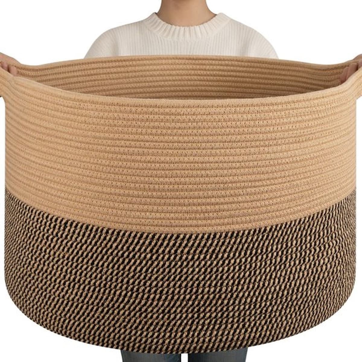 90L XXXL Dekenmand voor de Woonkamer – 55 X 35 CM Wasmand Van Gevlochten Katoentouw – Opbergmand met Handvat voor Speelgoed, Dekens en Wasgoed – Decoratieve Opbergmand (Zwartbruin en kaki) — afbeelding 1