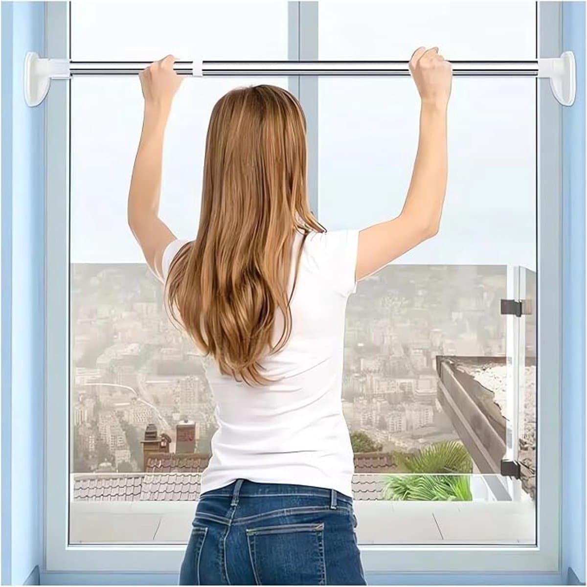 1 stuk - Uitschuifbare waslijn - Geen boren nodig - Verdikt roestvrij staal - Uitschuifbare waslijn voor balkon - Douchegordijnstang - Gordijnstang - Kledingstang - Kledinghanger - Buisdiameter 25 mm - Lengte 50-80 cm — afbeelding 1