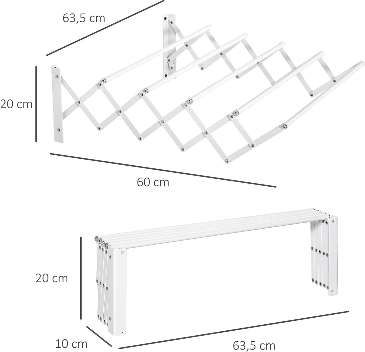 WUVRIE - Uitschuifbaar wanddroogrek 63,5 x 60 x 20 cm - Inklapbaar met 5 droogstangen - Wit — afbeelding 1
