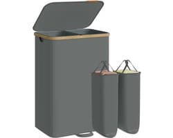 Wasmand met deksel, wasverzamelaar, wassorteerder, wasbak, waszak, uitneembaar, bamboeframe, voor waskeuken, slaapkamer, 2 vakken, 150 liter, leigrijs LCB532GN01