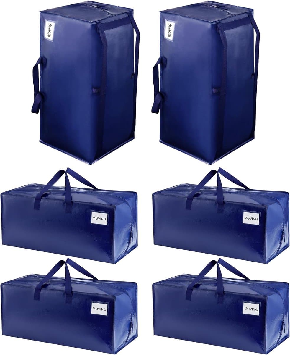 6 Pack Verhuiszakken Heavy-Duty Extra Grote W/Rugzak Riemen, Verhuisbenodigdheden, Sterke Handgrepen & Ritssluitingen, Kleding Opslag, Verpakking, Waszakken, Herbruikbaar en Duurzaam (Blauw, 6 — afbeelding 1