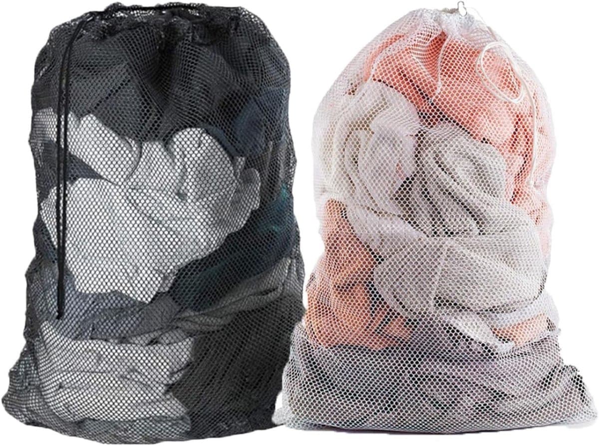 Grote Herbruikbare Waszak van Mesh, 60 x 90 cm, met Verstelbare Trekkoord, Ideaal voor Kleding, Broeken en Hemden in Wit/Zwart — afbeelding 1