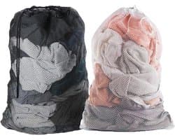 Grote Herbruikbare Waszak van Mesh, 60 x 90 cm, met Verstelbare Trekkoord, Ideaal voor Kleding, Broeken en Hemden in Wit/Zwart