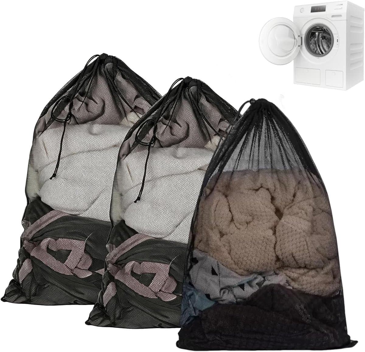 3-delige grote waszakken met trekkoord van robuust netweefsel voor vuile kleding, beddengoed en pluche, 70 x 90 cm — afbeelding 1
