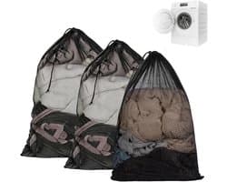 3-delige grote waszakken met trekkoord van robuust netweefsel voor vuile kleding, beddengoed en pluche, 70 x 90 cm