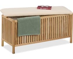 badkamer bankje met wasmand, 100 l, HBD 50x100x38 cm, hout en stof, badkamerkruk met opbergruimte, naturel/wit