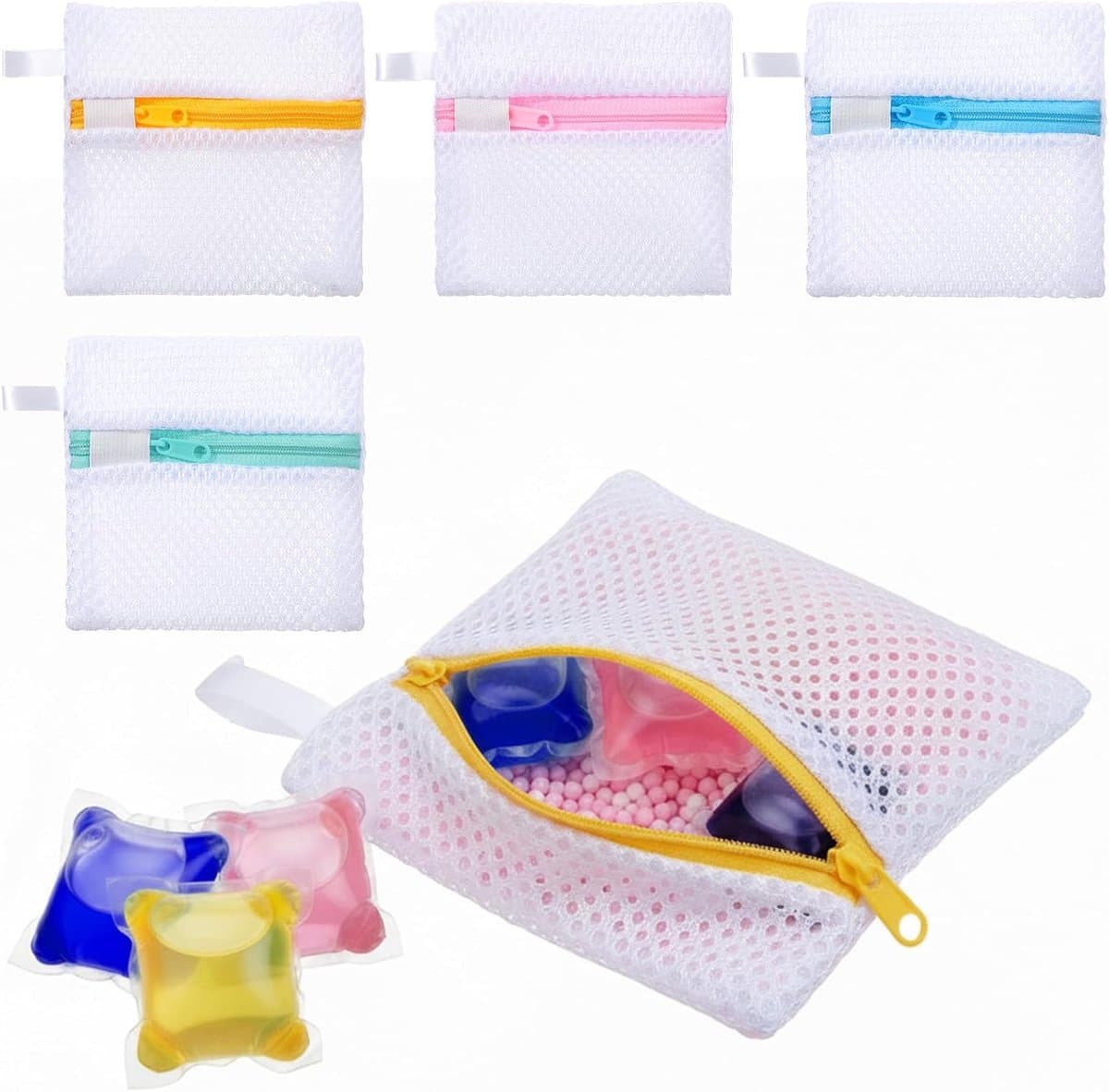 4 stuks waspod, anti-plakkende zak, kleine mesh waszakken voor delicate minigaten, mini-duurzame wasmachines, waspods, ontbindingsbescherming, opvouwbare waszak, opbergtas voor peulen, geurende kralen — afbeelding 1