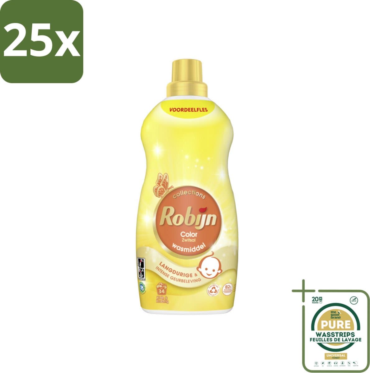 25 x Robijn - Klein & Krachtig Zwitsalgeur - Vloeibaar Wasmiddel - 34 Wasbeurten - 1,19 L - Grootverpakking - Kleur Behoud - Gekleurde Was - Zwitsalgeur - Vloeibaar Wasmiddel - Biologisch Afbreekbaar — afbeelding 1