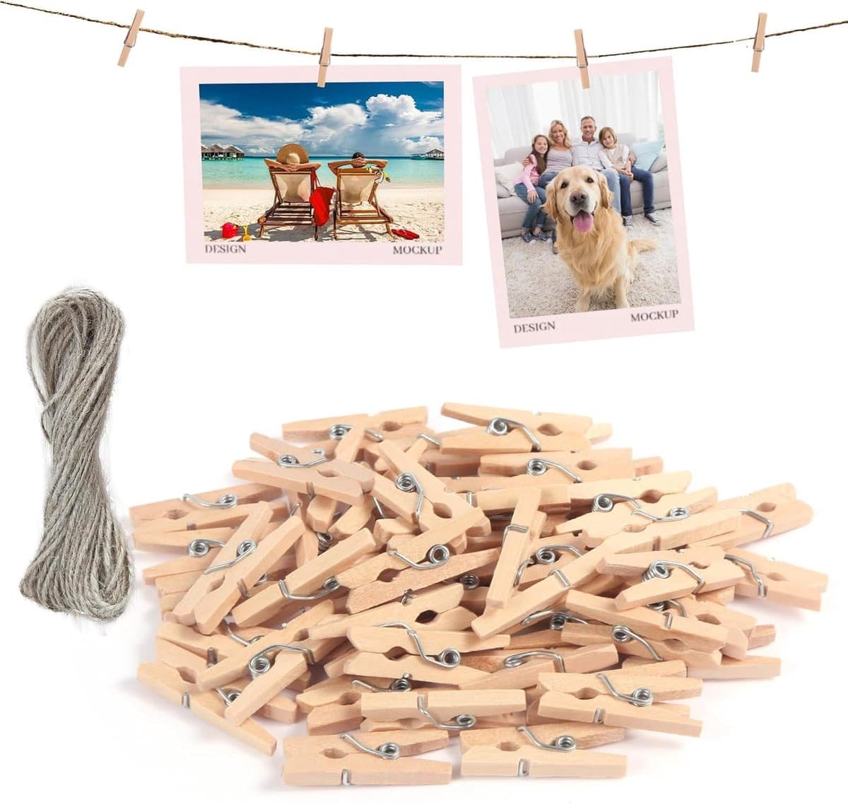Houten knijpers 120 stuks 2.5 x 0.3 cm met 10 m touw, kleine clips voor foto's, kaarten en feestdecoraties — afbeelding 1