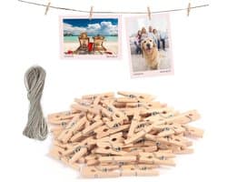 Houten knijpers 120 stuks 2.5 x 0.3 cm met 10 m touw, kleine clips voor foto's, kaarten en feestdecoraties