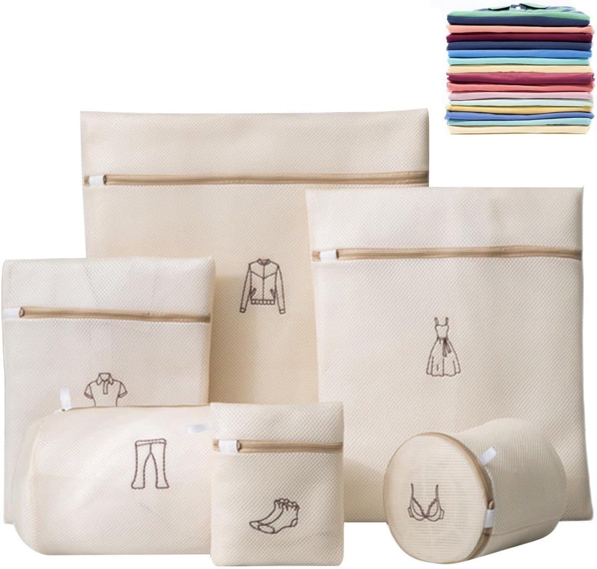 Wasmachine waszakken - waszak - Wasmachine Zakken Set - 6 Stuks - Met Borduur-iconen - Beige Mesh Waszakken - voor Fijne Was - Bescherming Kleding - Lingeriezakjes - Duurzaam Polyester — afbeelding 1