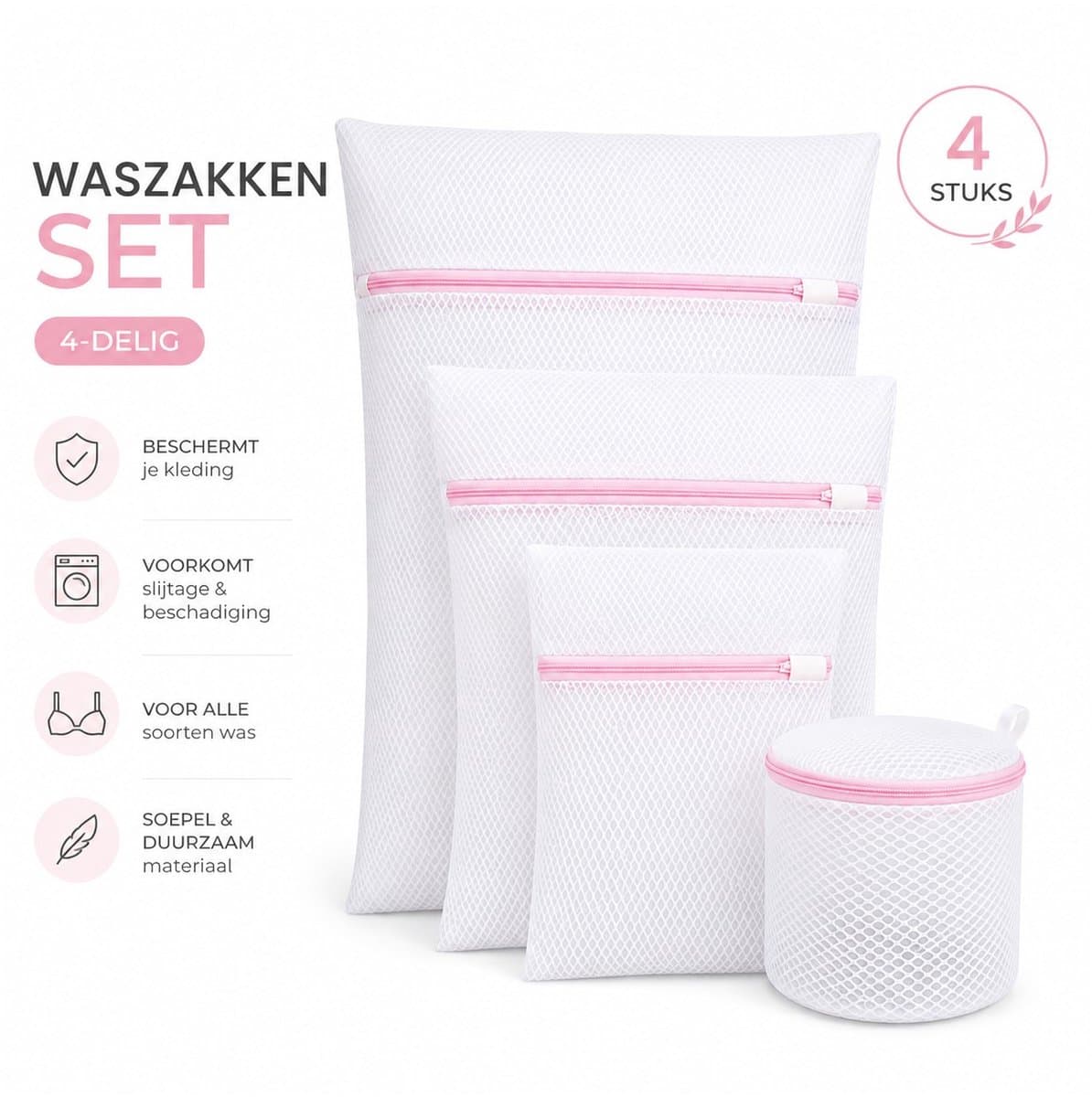 Waszakken Wasmachine 4 Stuks – Waszak Set met Rits – Wasnetjes voor BH, Lingerie, Ondergoed, Sokken & Kleding – 4 Formaten – Wit — afbeelding 1