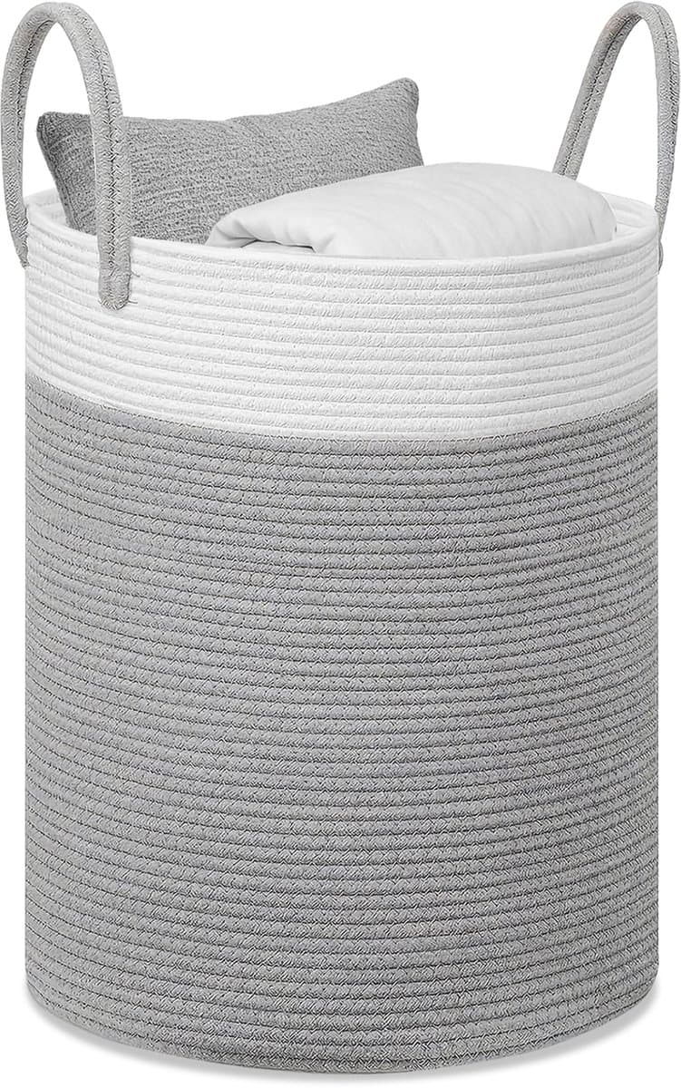 Lemonmax Ronde wasmand opbergmand - Gevlochten speelgoedmand met handvatten 58 L - Voor kinderkamer slaapkamer woonkamer - 38x50 cm - Wit Grijs — afbeelding 1