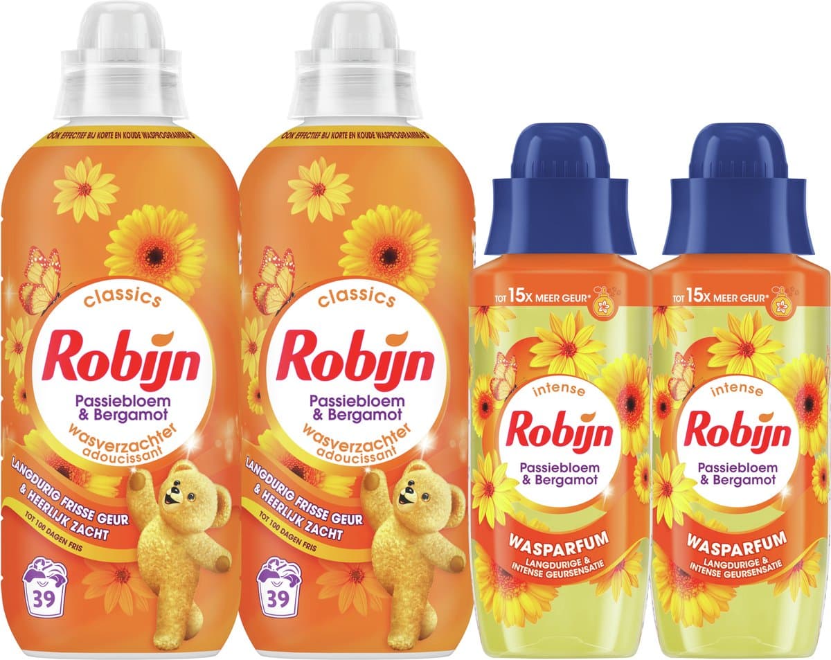 Robijn Perfecte Match Wasverzachter en Wasparfum Pakket - Passiebloem & Bergamot - 4 stuks - 2 x 39 wasbeurten + 2 x 342ml - Voordeelverpakking — afbeelding 1