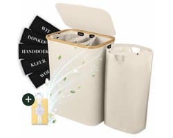 Sivableu Wasmand Beige 3 vakken – Wassorteerder – 160L – 3 uitneembare zakken – Wasmand met Deksel – opvouwbaar - Laundry Basket - Wasbox - Bamboe - Labels