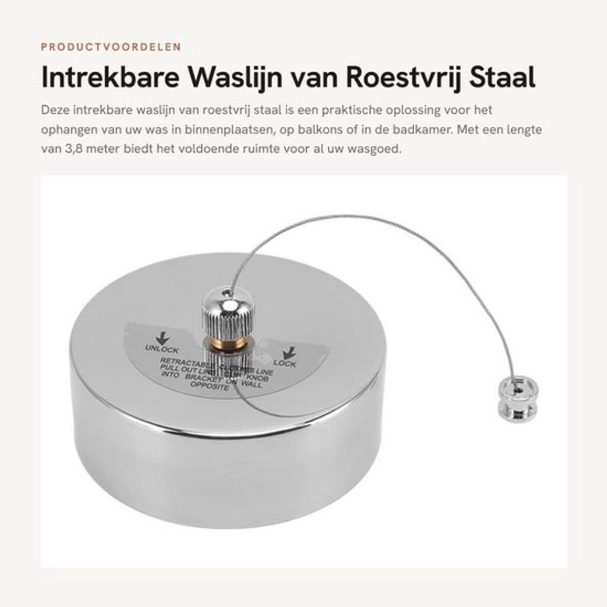 Waslijn Zware Kwaliteit - Intrekbaar - Roestvrij Staal - Veiligheidsmechanisme - Voor Binnen/Buiten - 3,8 m Lengte - Kledingdrooglijn — afbeelding 1
