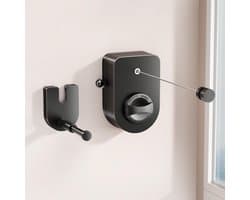 Waslijn - Uitschuifbare waslijn voor binnen, niet-doorhangende waslijn voor buiten, 4,2 meter lange, stevige waslijn met telescopische ophangstang, ruimtebesparende waslijn voor wandmontage (Zwart) - 13.5 x 9 x 4.5cm