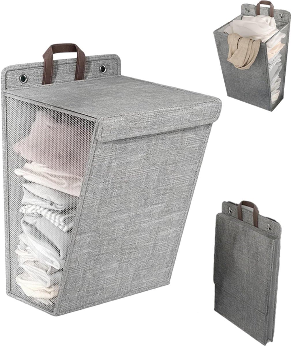 Opvouwbare wasmand met deksel - Hangende wasmand - Stoffen wasopberger - 48x36x12cm - Grij - met gaasvenster - voor badkamer en wasruimte — afbeelding 1