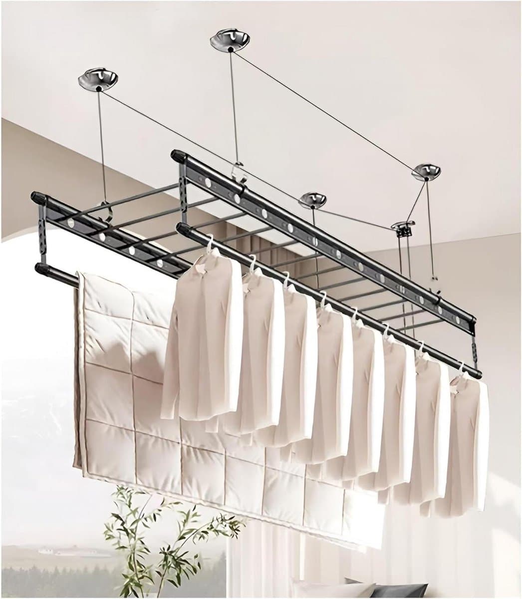 Plafond Droogrek - Waslijn Katrol - Kleding Drogen - Ruimtebesparend Ontwerp - 150 cm Lengte - Aluminium — afbeelding 1