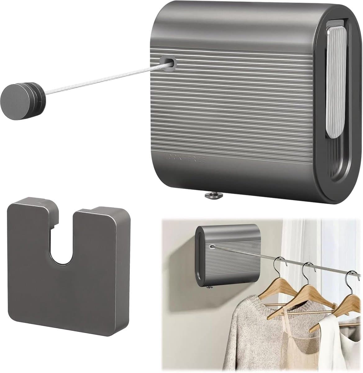 Sander Shop Waslijn voor balkon, intrekbaar, 4,2 m, waslijn voor buiten, intrekbaar, wanddroogrek, waslijn, wandmontage, voor badkamer, dekbedden, kleding (grijs) — afbeelding 1