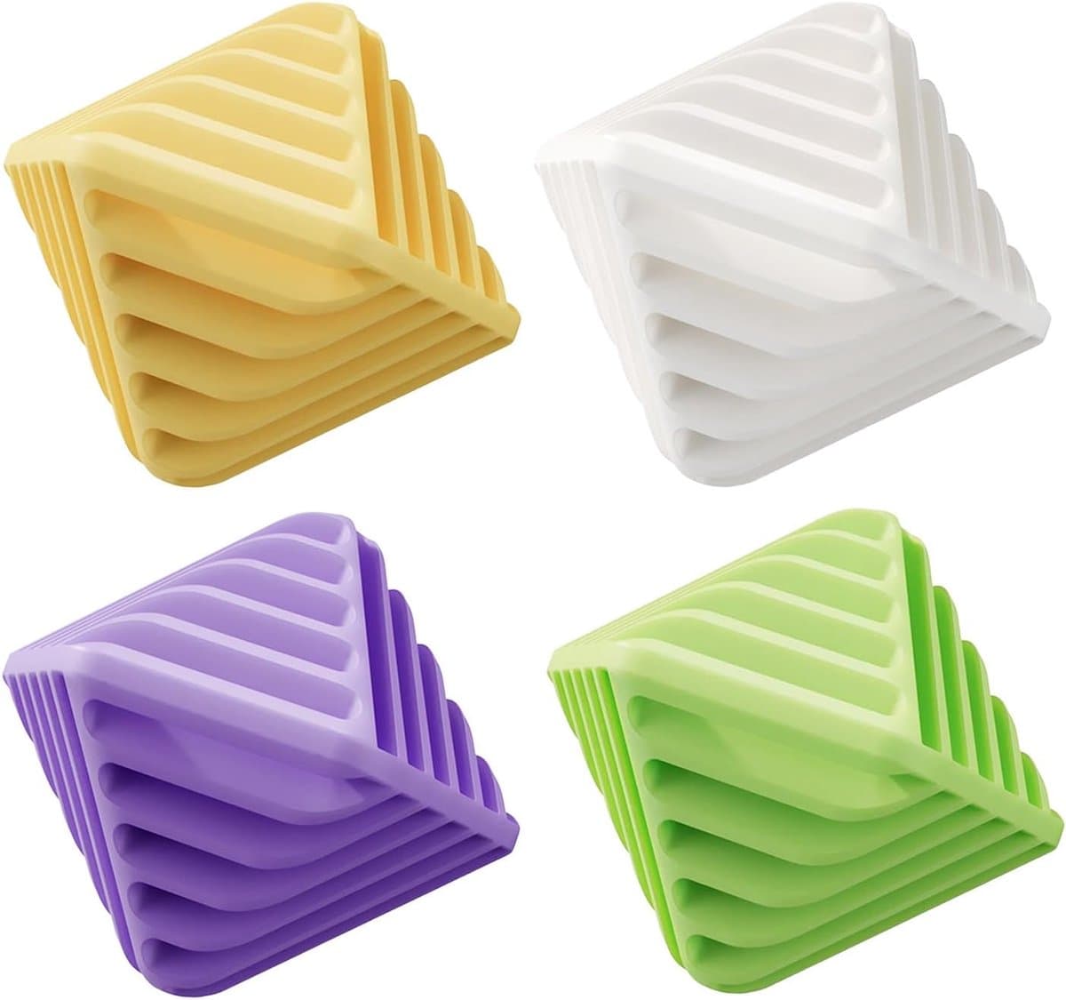 Verpakking van 4 herbruikbare antistatische wasballen, 65*58*60 mm, geschikt voor wasverzachter in de wasmachine. Het gestructureerde oppervlak voorkomt dat kleding in de knoop raakt en verbetert het reinigingseffect (geel, paars, groen, wit). — afbeelding 1