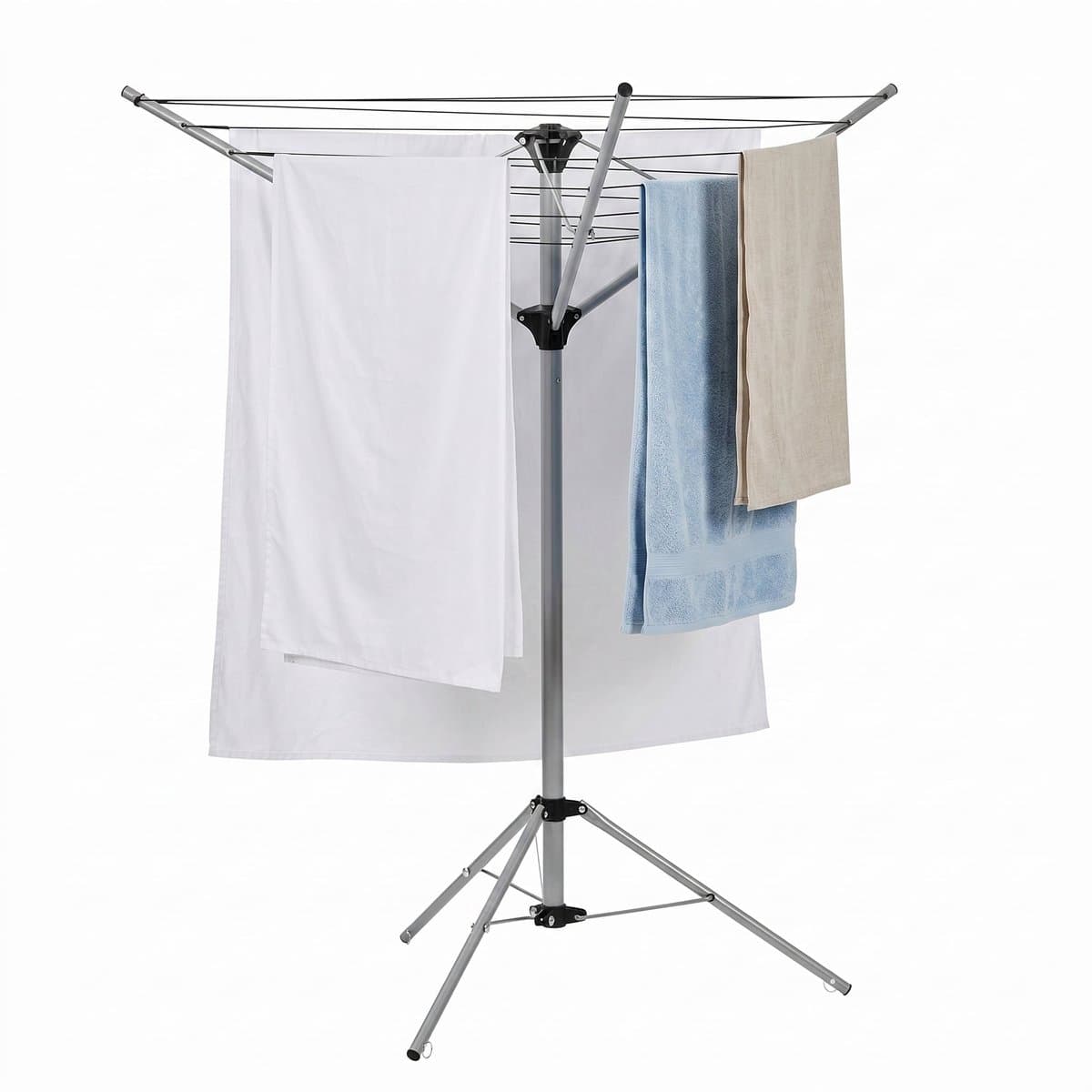 Cheqo® Droogrek Inklapbaar - Droogmolen Staand - Wasrek met Statief - Wasdroogrek Opvouwbaar - 3 Armen - Voor Camping - Voor Binnen en Buiten - Met Voet - Ruimtebesparend - Voor Balkon - Draaibaar - Mobiel - Droogparasol - Kledingdroger — afbeelding 1