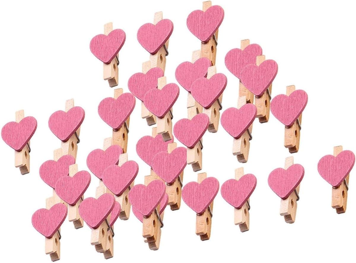Mini fotoclips - Houten knijpers - Decoratie ophangen - Hartvormig design - 30 stuks - Roze — afbeelding 1