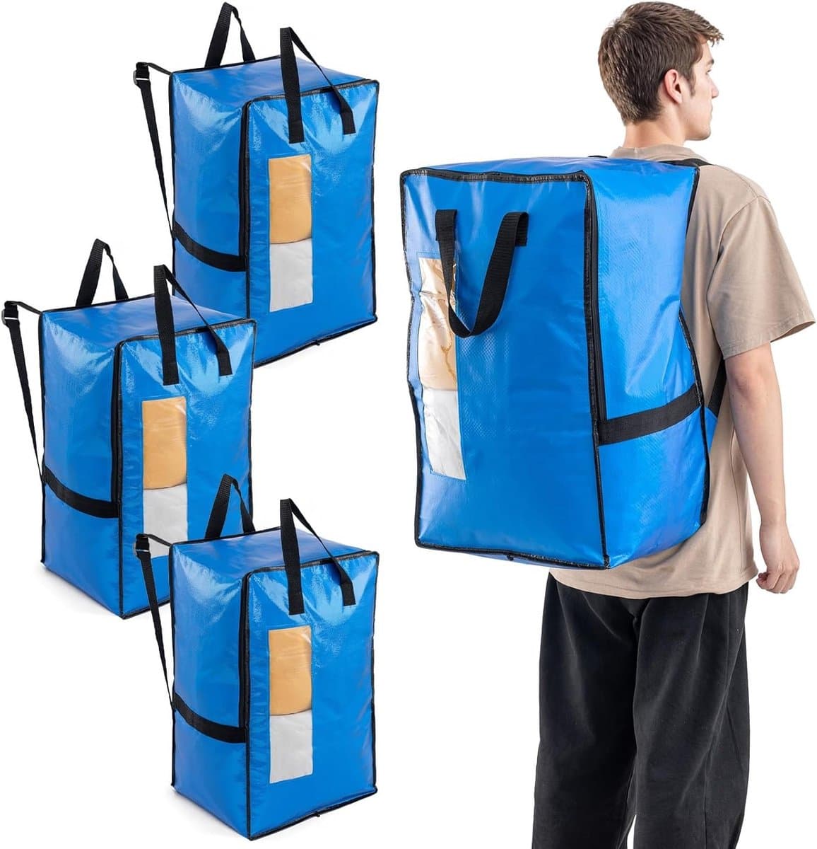 Verticale Verhuiszakken met Sterke Handvatten en Ritsen, Ideaal voor Kledingopslag, Waszakken en Reisaccessoires (Blauw, 4 Stuks) — afbeelding 1