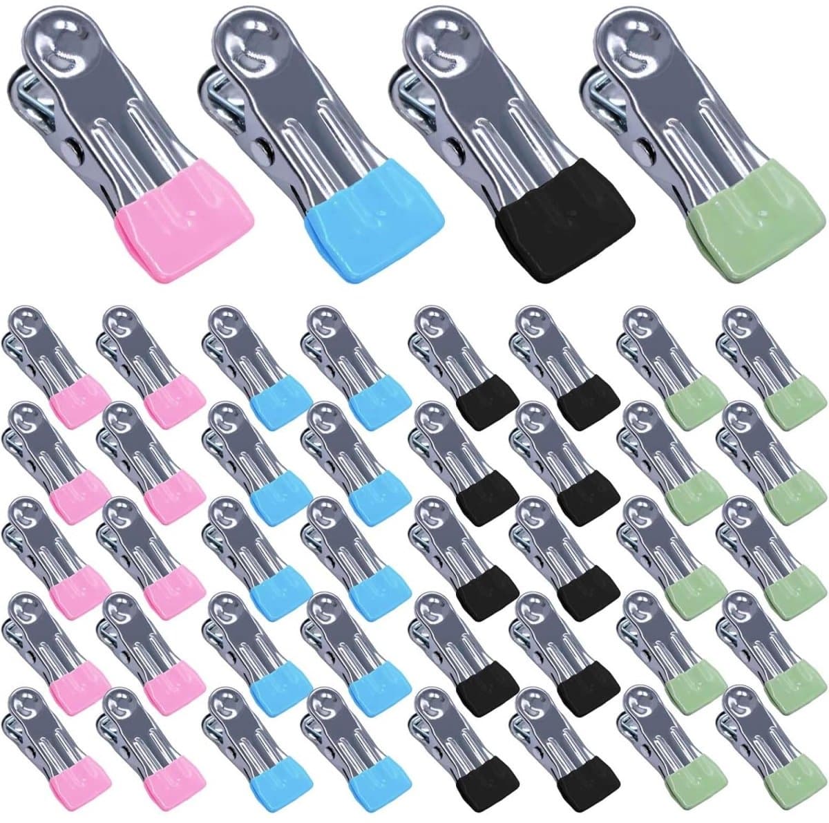 GELLDG Roestvrijstalen Wasknijpers - Sterke Klemmen - PVC Gecoat Geschikt voor Spoortloos Gebruik - Windbestendig Met Precisieveren - 40 Stuks Set - Geschikt voor Waslijn En Kantoor - Blauw, Zwart, Groen, Roze — afbeelding 1
