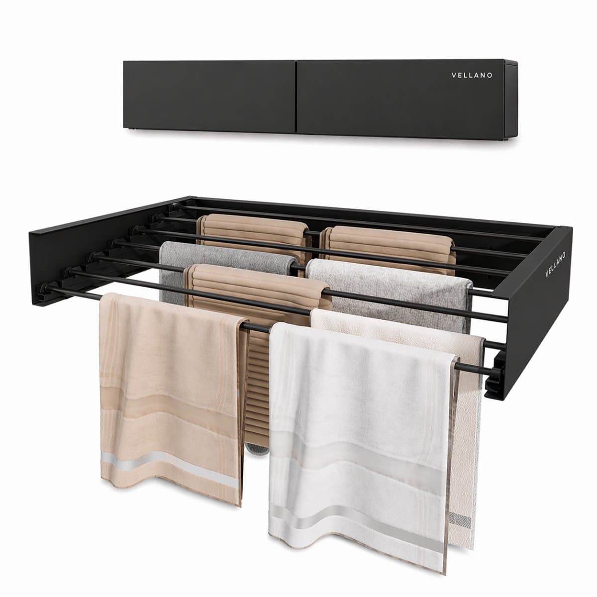 Vellano Wanddroogrek Inklapbaar – Premium Wasrek Muur 120 cm – 8.4 m Drooglengte – Stevig & Ruimtebesparend – Incl. Boormal & Bevestigingsset – zwart — afbeelding 1