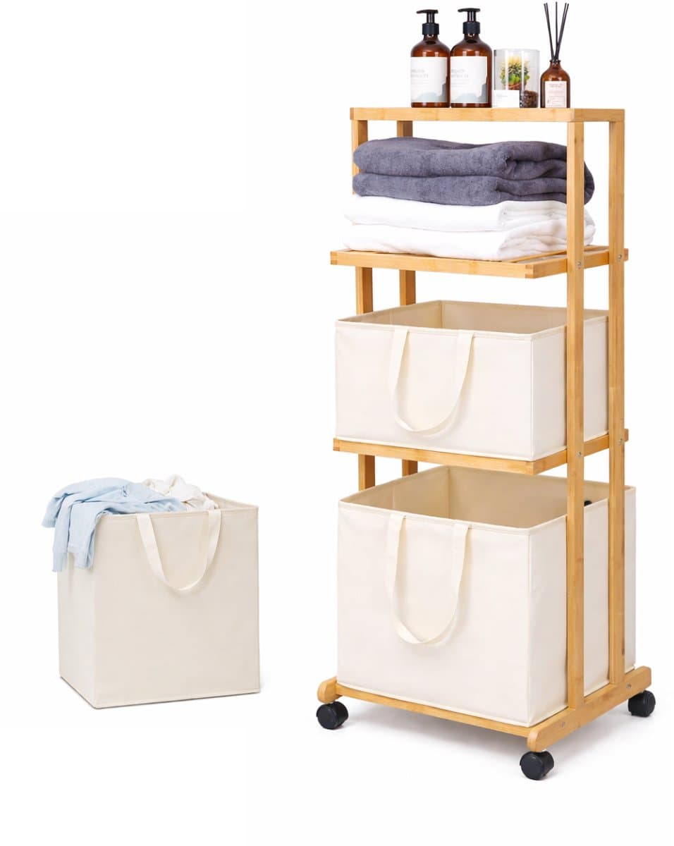 Eleganca Wassorteerder 3 Vakken - Wasmand - Met Wieltjes - H121 x L42 x B34 - Bamboe Naturel — afbeelding 1