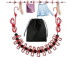 Reiswaslijn - Kledinglijn Klemmen - Drogen Buiten - Antislip Gespen - 3.6 Meter - Rood Zwart