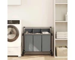 Wasmand Met Wielen - Kledingbox Opbergbox - Sorteren Kleding - Drie Compartimenten - 96 x 40 x 92 cm - Grijs