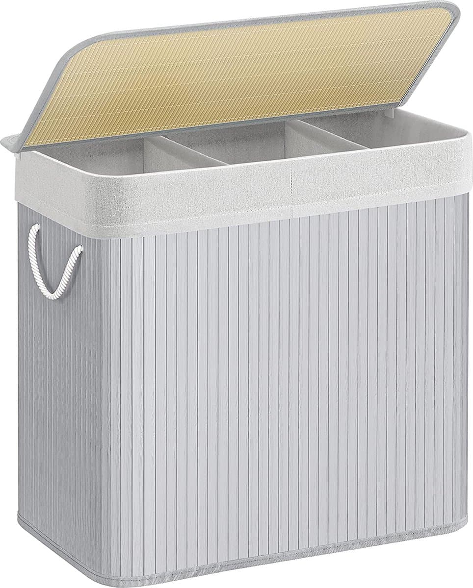 Songmics - Wasmand met 3 compartimenten - 150 liter - van bamboe - 62x40x61.5 cm - grijs — afbeelding 1