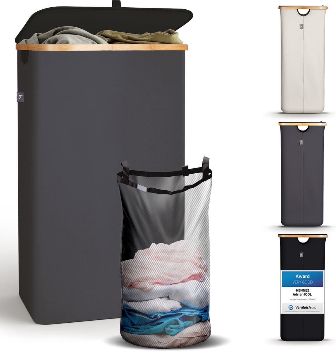 HENNEZ Wasmand met deksel van 100L opvouwbaar met bamboe frame - inclusief waszak - antraciet — afbeelding 1
