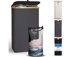 HENNEZ Wasmand met deksel van 100L opvouwbaar met bamboe frame - inclusief waszak - antraciet