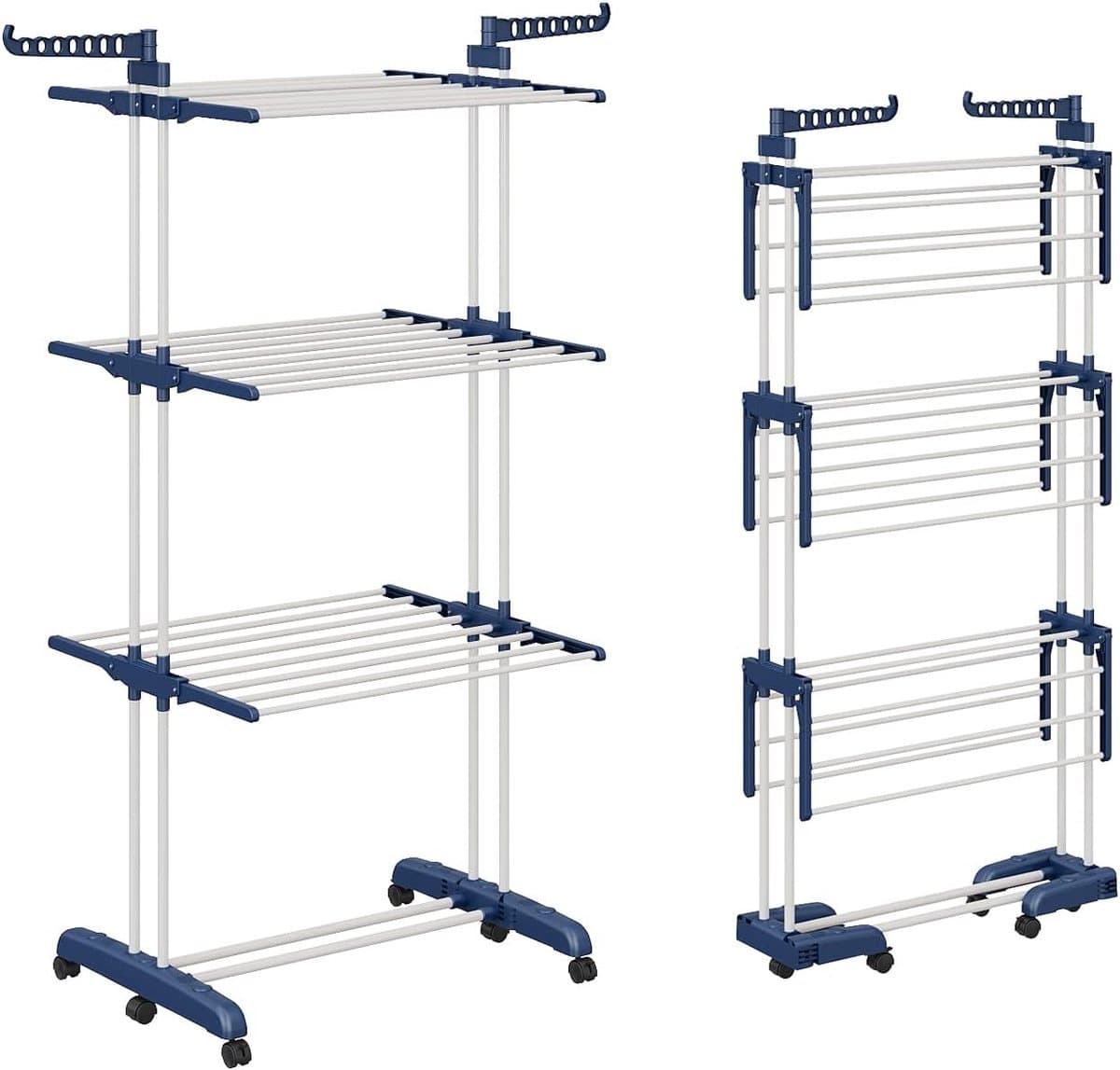Droogrek - Wasrek - Wastoren - Droogtoren - op Wielen - 3-Tier - Inklapbare Vleugels - Antislip Stangen - voor Binnen en Buiten - Grote Gezinnen - Uitschuifbaar - Lengte 66-130cm - 73x13.5x22.5cm - Blauw en Wit — afbeelding 1