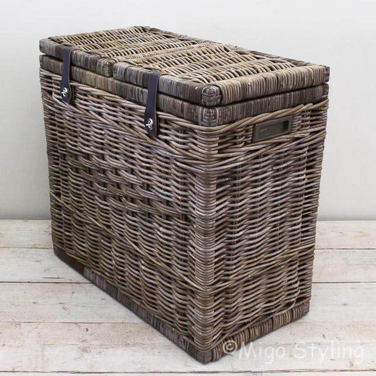 Duo wasmand met leren riem-70x35xH65-Riet-Rotan — afbeelding 1
