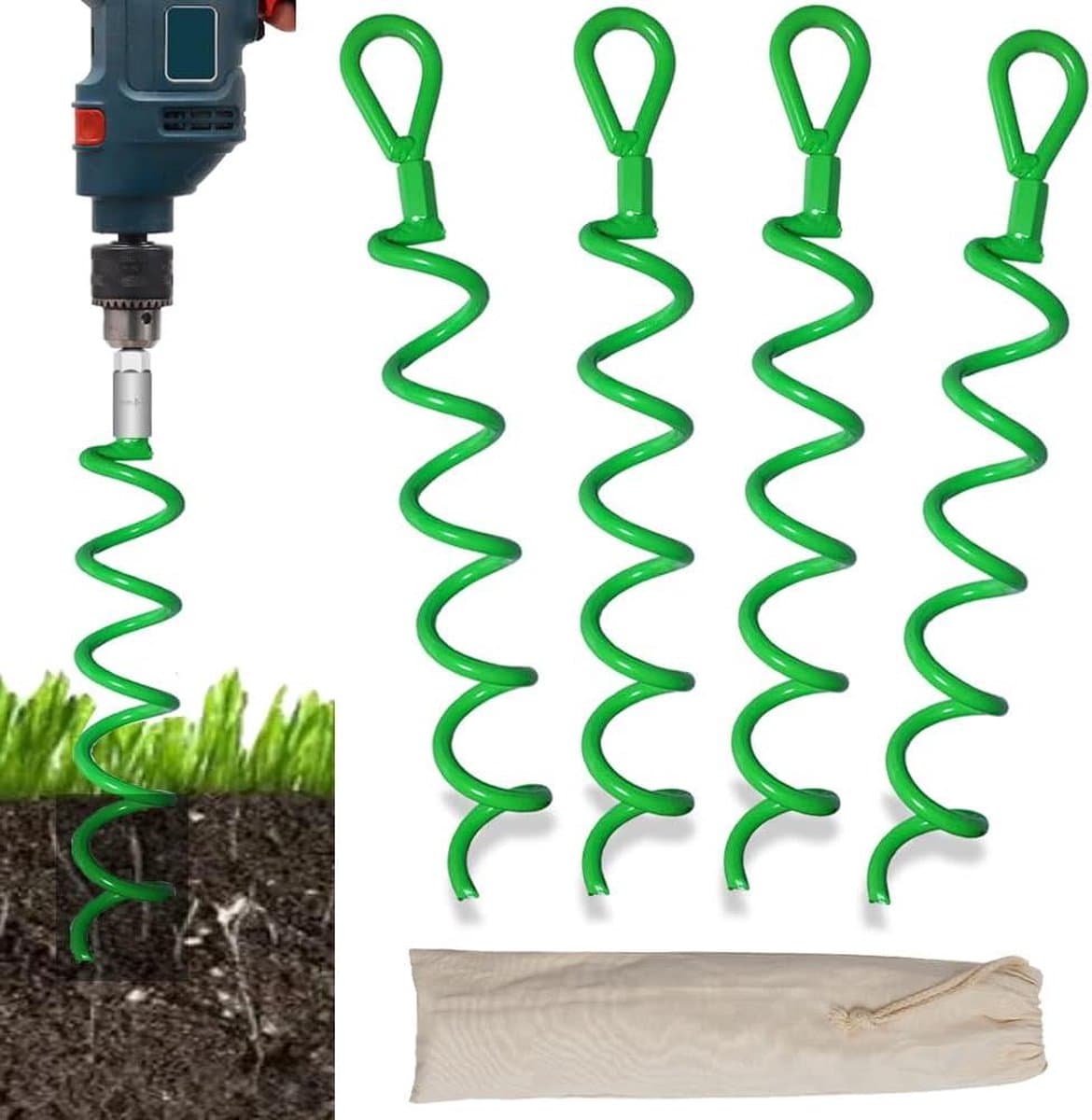 4-pack Krachtige 15 inch spiraal schuur anker kit voor zware grond - lichtgroene tent stakes met schroef anker — afbeelding 1
