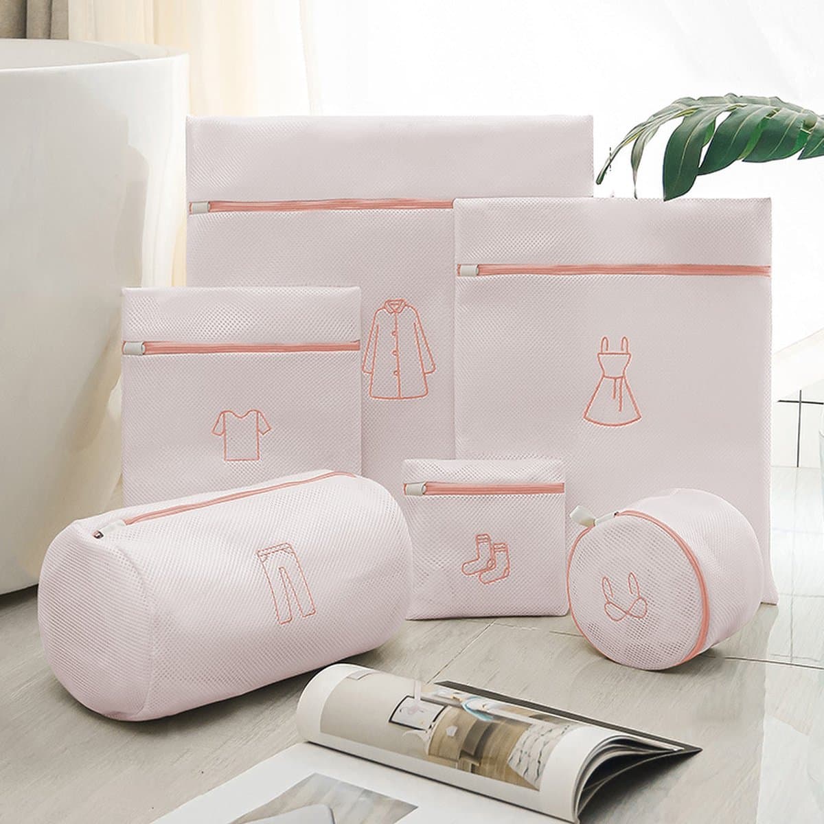 Waszakken - 6-pack waszakken met rits - Mesh waszakken voor wasmachines - Fijne mesh en grote mesh herbruikbare waszakken - voor delicate shirts, sokken, ondergoed, bh's, lingerie, babykleding - 160g kledinglabel roze — afbeelding 1