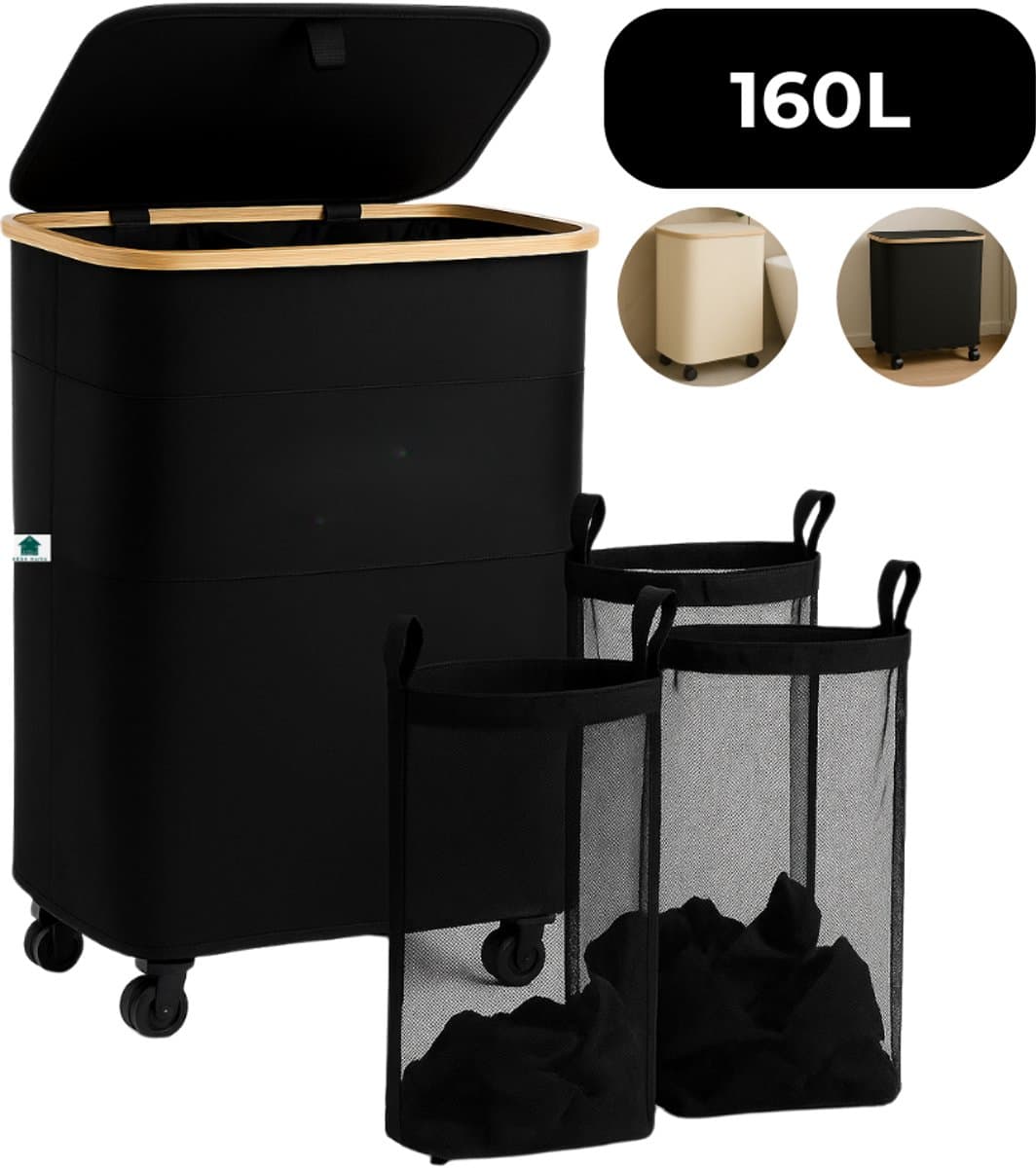 AKSA Home® Wasmand met Wieltjes - Wassorteerder met 3 vakken - Wasmand Opvouwbaar met Deksel - 160L - Zwart — afbeelding 1