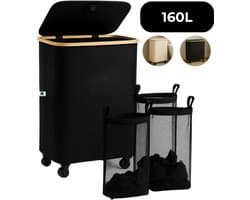 AKSA Home® Wasmand met Wieltjes - Wassorteerder met 3 vakken - Wasmand Opvouwbaar met Deksel - 160L - Zwart