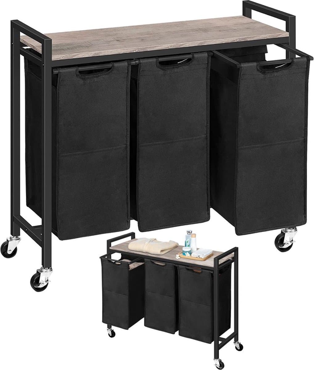 ApexArte® Wasmand 3 Vakken - Wassorteerder - 120L - Grijs met Zwart — afbeelding 1