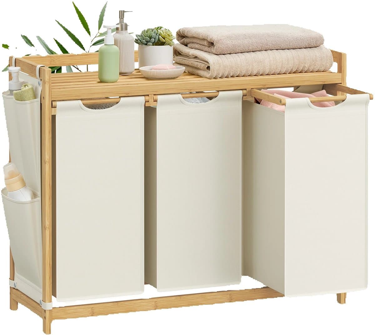 NaevaMi Wasmand 3 Vakken – Wassorteerder - Wasmanden - Wasbox - Wassorteerder 3 vakken - Wasmand Hout - Wasmand Bamboe - 150 liter - 3 Compartimenten - Uitschuifbaar met Plank - 94 x 33 x 78 cm - Wit — afbeelding 1